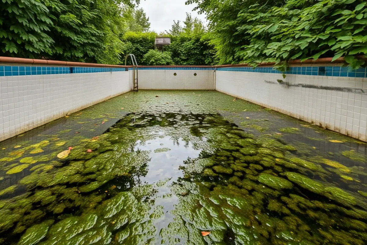 gere uma imagem de piscina com agua turva